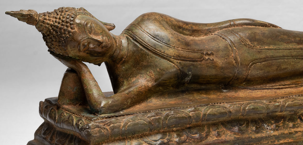 Buddha Statue - Antique Thai Style Bronze Sukhothai Reclining Nirvana Buddha Statue - 55cm/22"