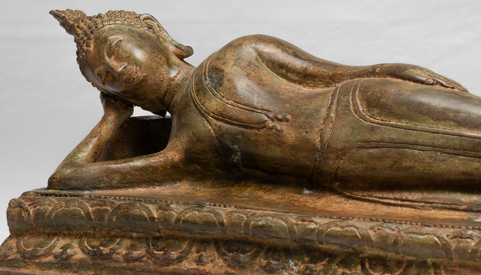Buddha Statue - Antique Thai Style Bronze Sukhothai Reclining Nirvana Buddha Statue - 55cm/22"