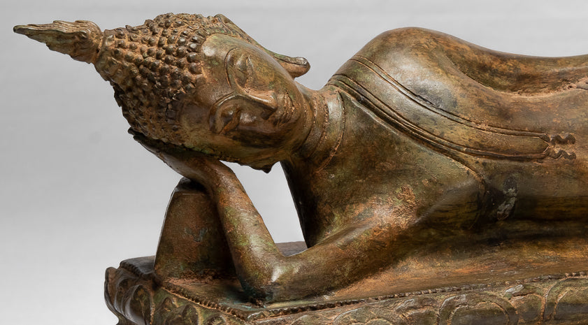 Buddha Statue - Antique Thai Style Bronze Sukhothai Reclining Nirvana Buddha Statue - 55cm/22"