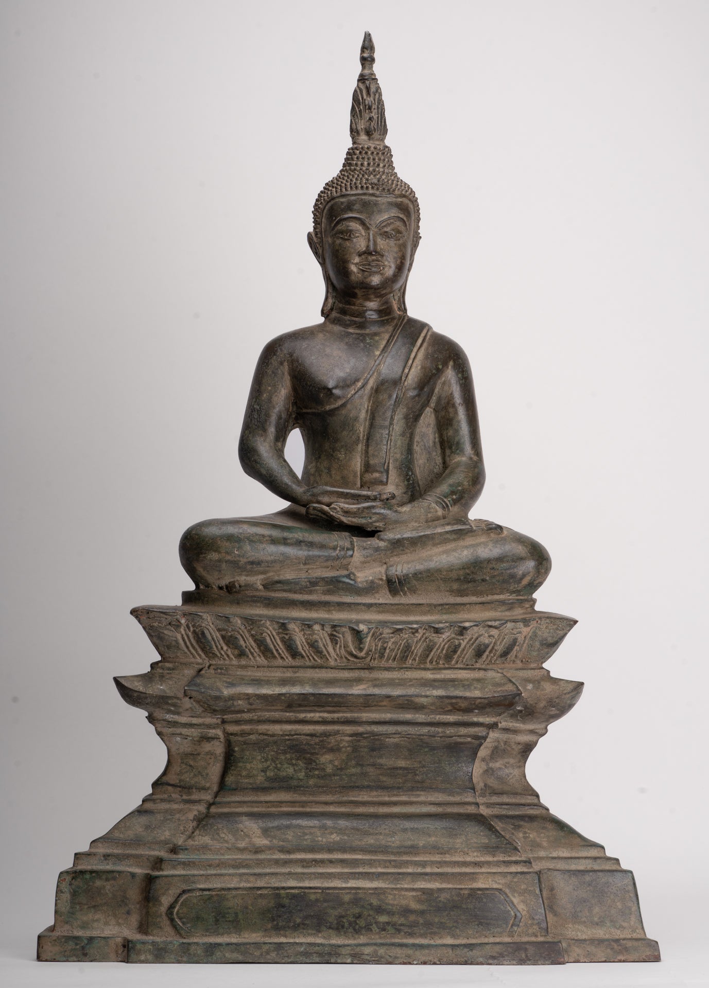 Antique Laos Style Bronze Seated Meditation Buddha Statue - 57cm/23"