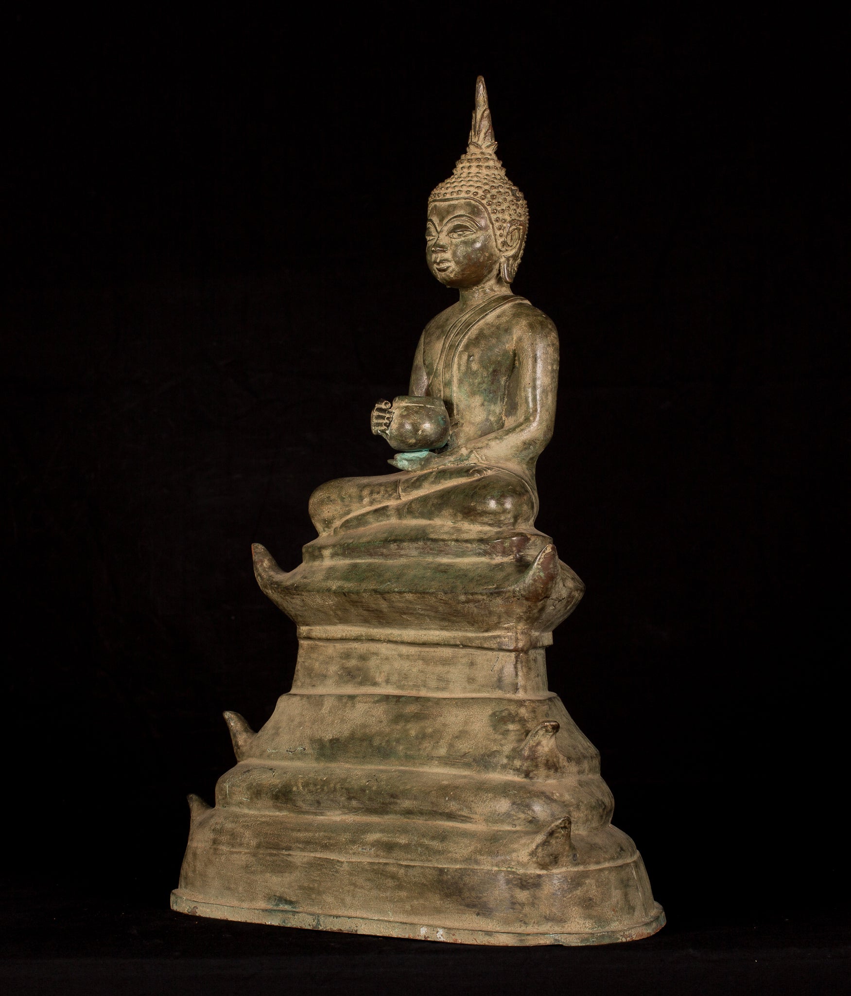 Buddha Statue -Antique Laos Style Bronze Charity Gautama Buddha Statue - 53cm/21"