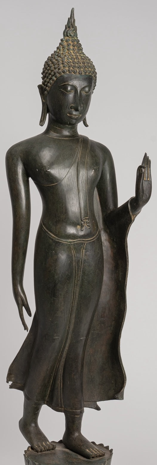 Antique Thai Style Sukhothai Bronze Protection Walking Buddha Statue - 116cm/46"