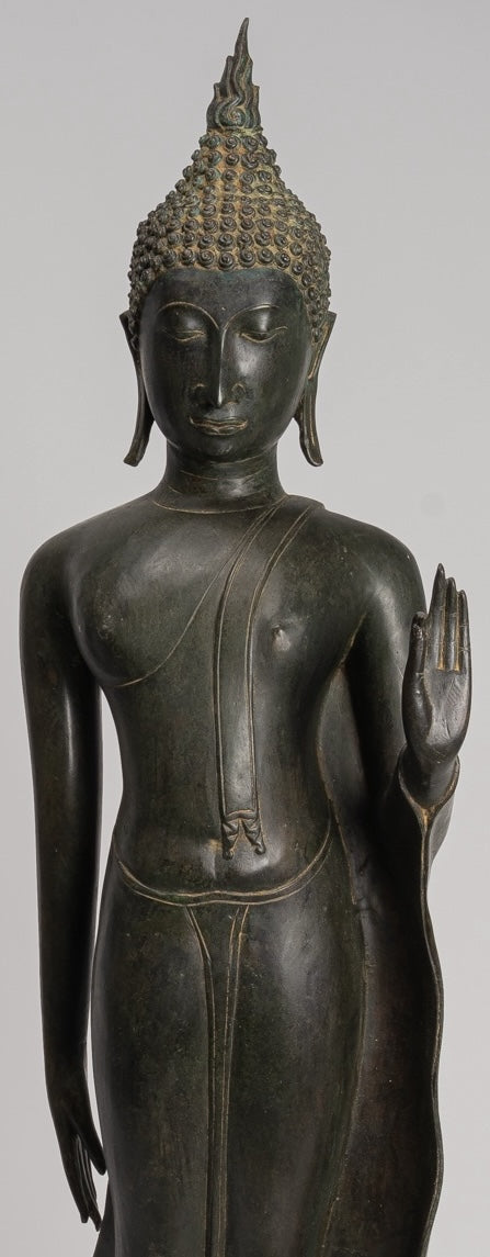 Antique Thai Style Sukhothai Bronze Protection Walking Buddha Statue - 116cm/46"