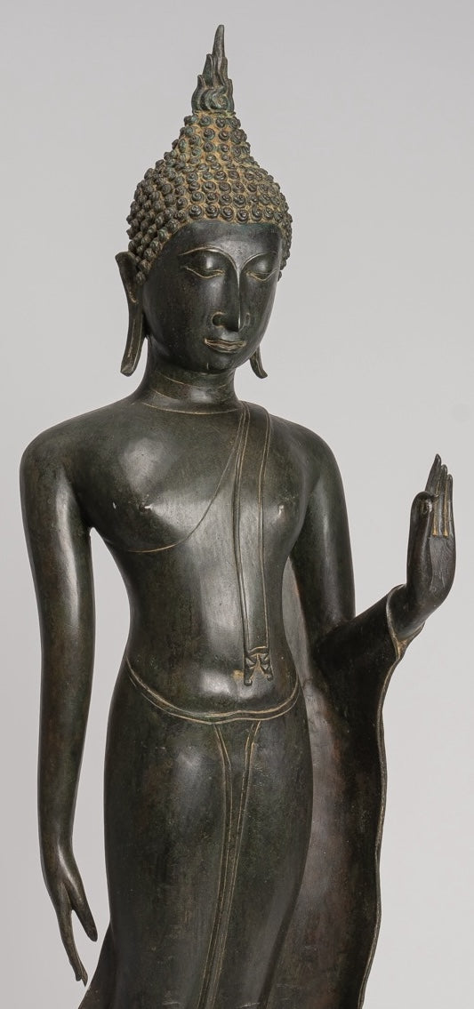 Antique Thai Style Sukhothai Bronze Protection Walking Buddha Statue - 116cm/46"