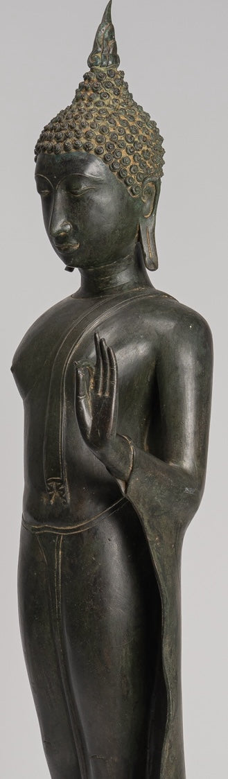 Antique Thai Style Sukhothai Bronze Protection Walking Buddha Statue - 116cm/46"