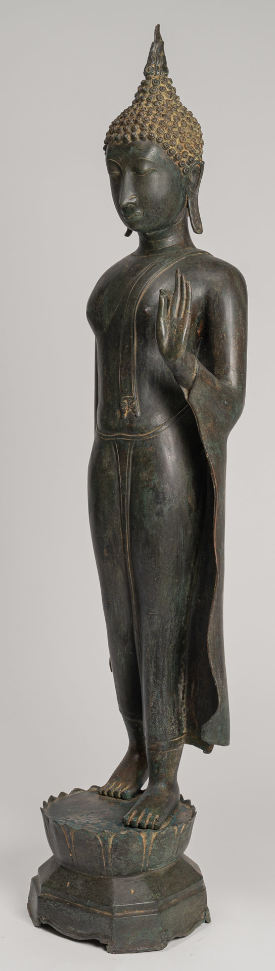 Antique Thai Style Sukhothai Bronze Protection Walking Buddha Statue - 116cm/46"