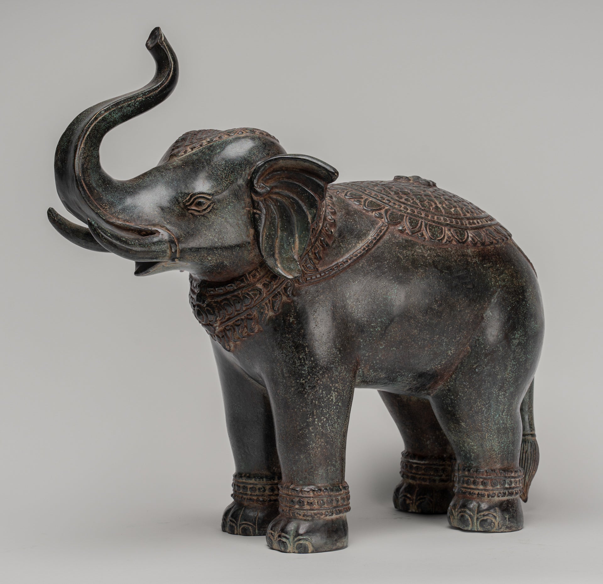 Elephant - Antique Khmer Style Bronze Standing Trumpeting Elephant Statue - 38cm/15" Tall