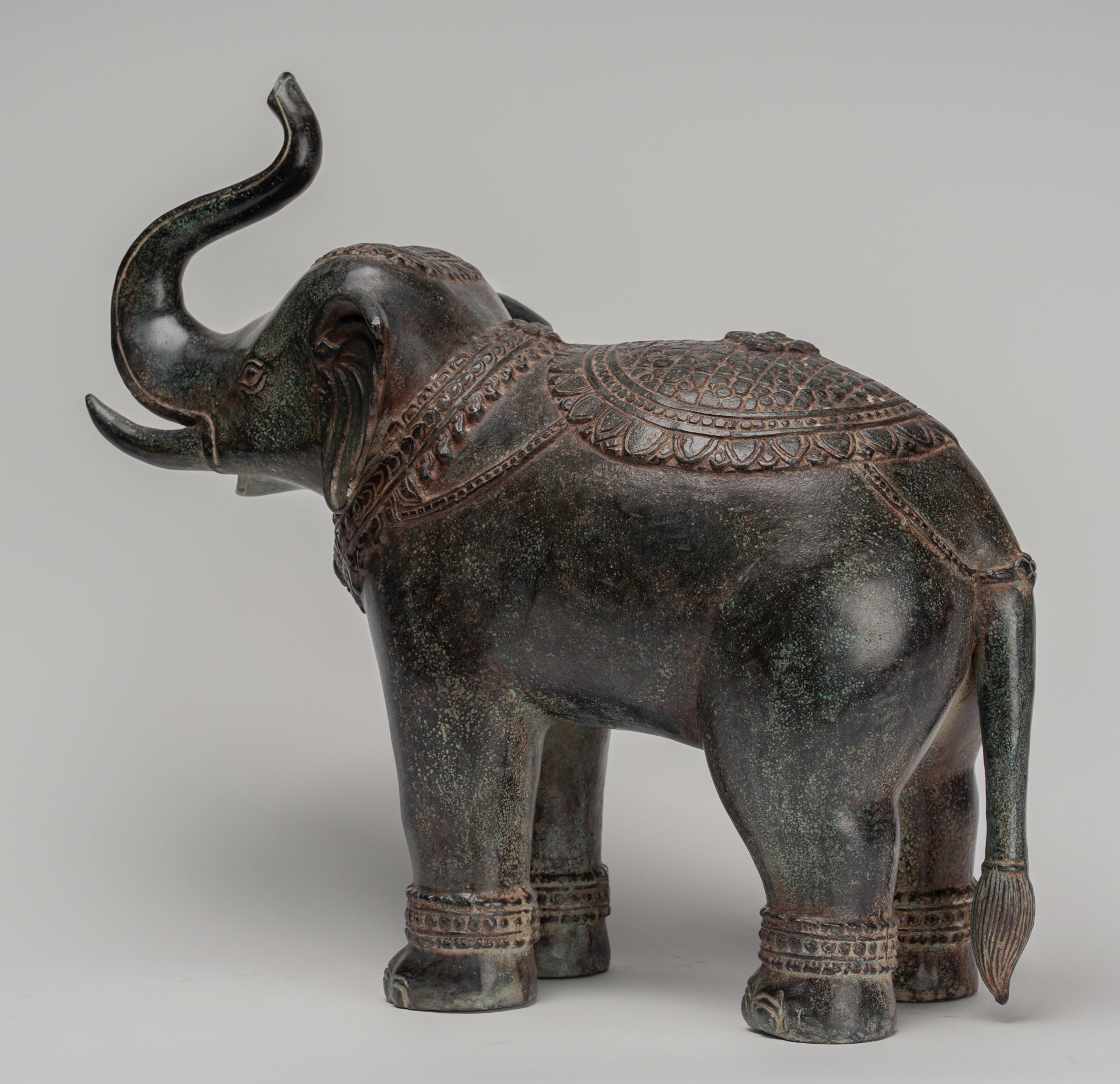 Elephant - Antique Khmer Style Bronze Standing Trumpeting Elephant Statue - 38cm/15" Tall