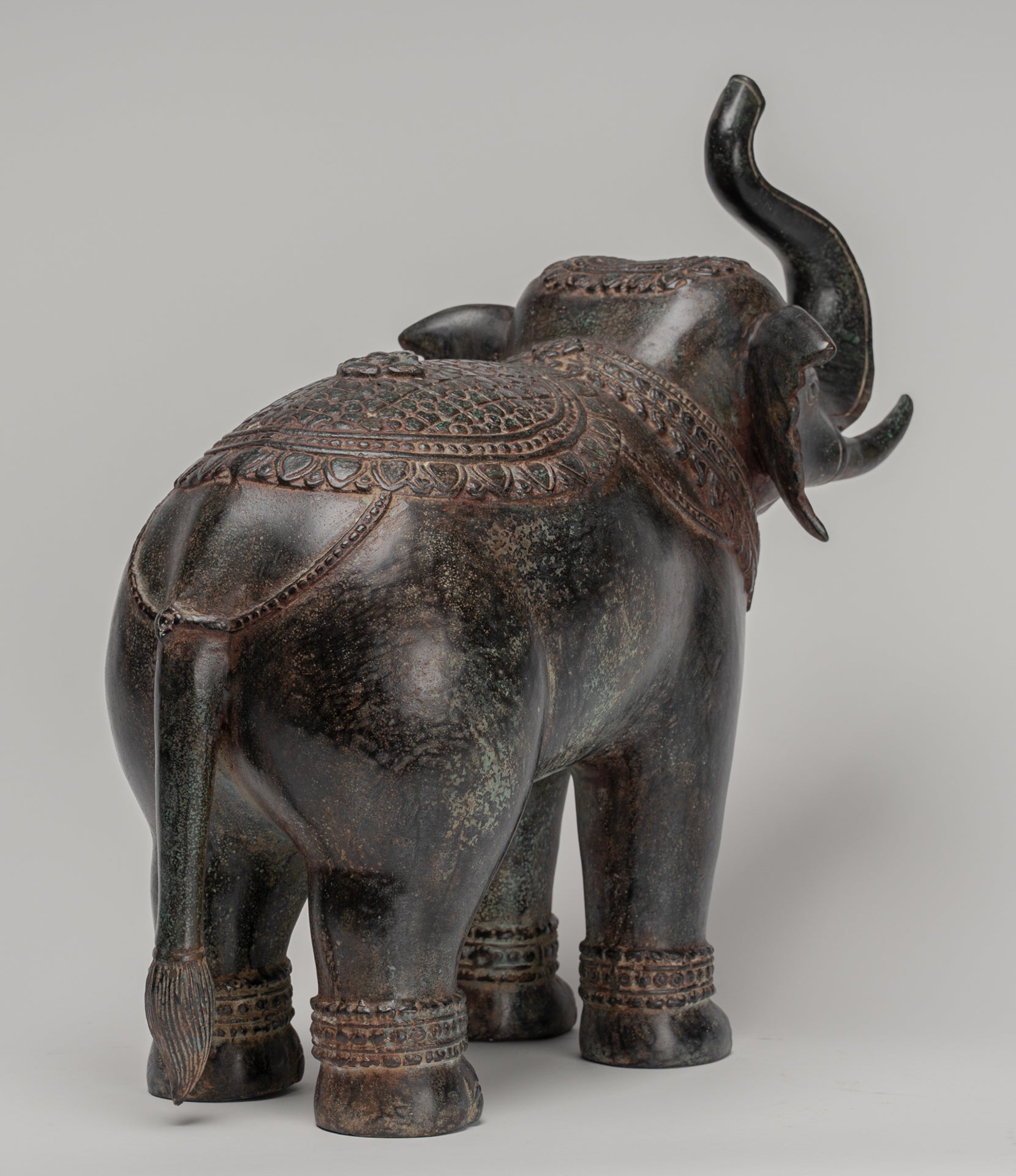 Elephant - Antique Khmer Style Bronze Standing Trumpeting Elephant Statue - 38cm/15" Tall