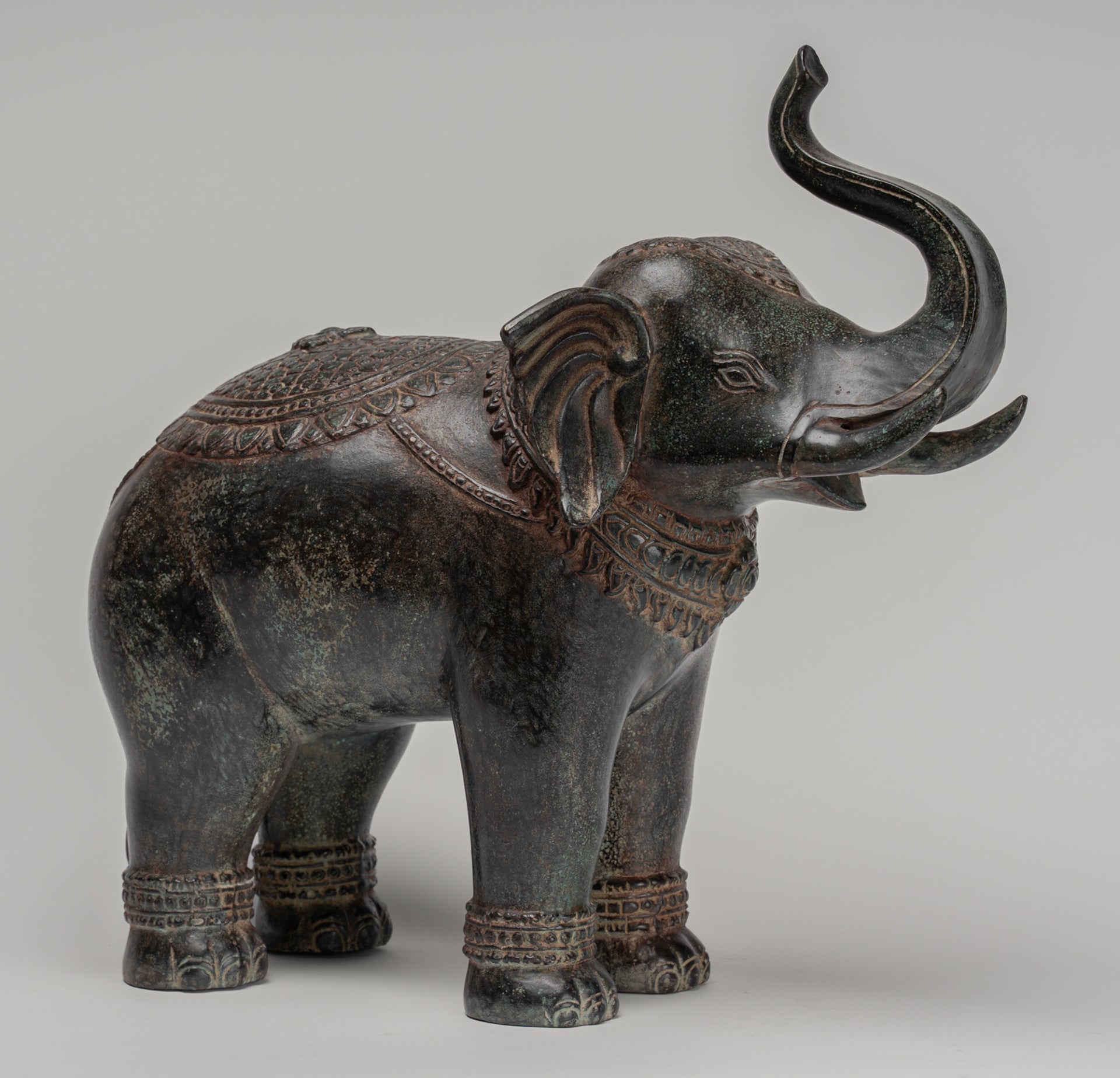 Elephant - Antique Khmer Style Bronze Standing Trumpeting Elephant Statue - 38cm/15" Tall