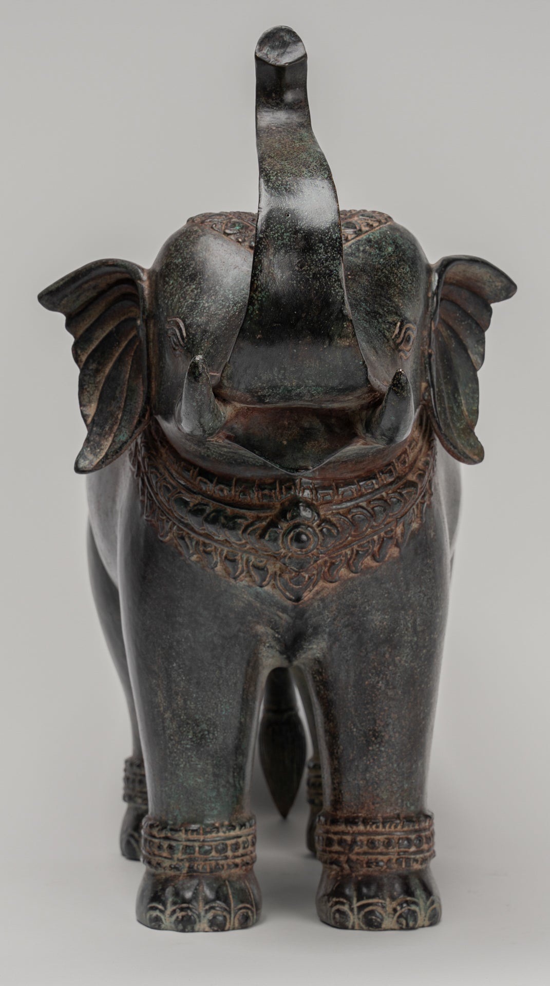 Elephant - Antique Khmer Style Bronze Standing Trumpeting Elephant Statue - 38cm/15" Tall