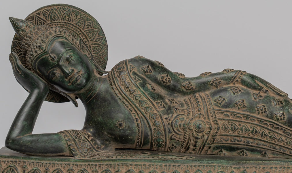Antique Khmer Style Bronze Reclining Nirvana Buddha Statue - 65cm/26" Long