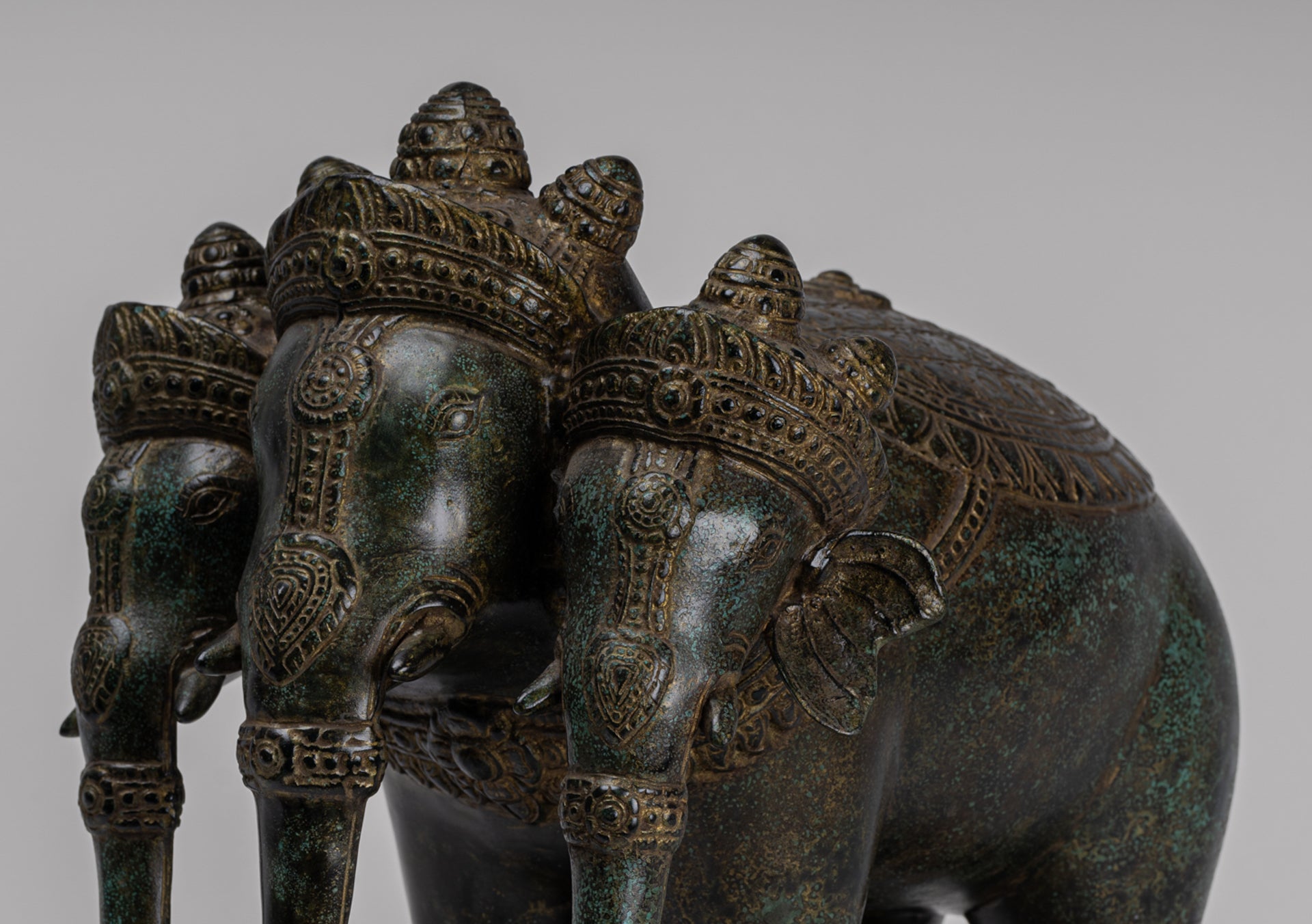 Antique Khmer Style Bronze Erawan Airavata or Elephant Statue - 32cm/13" Tall