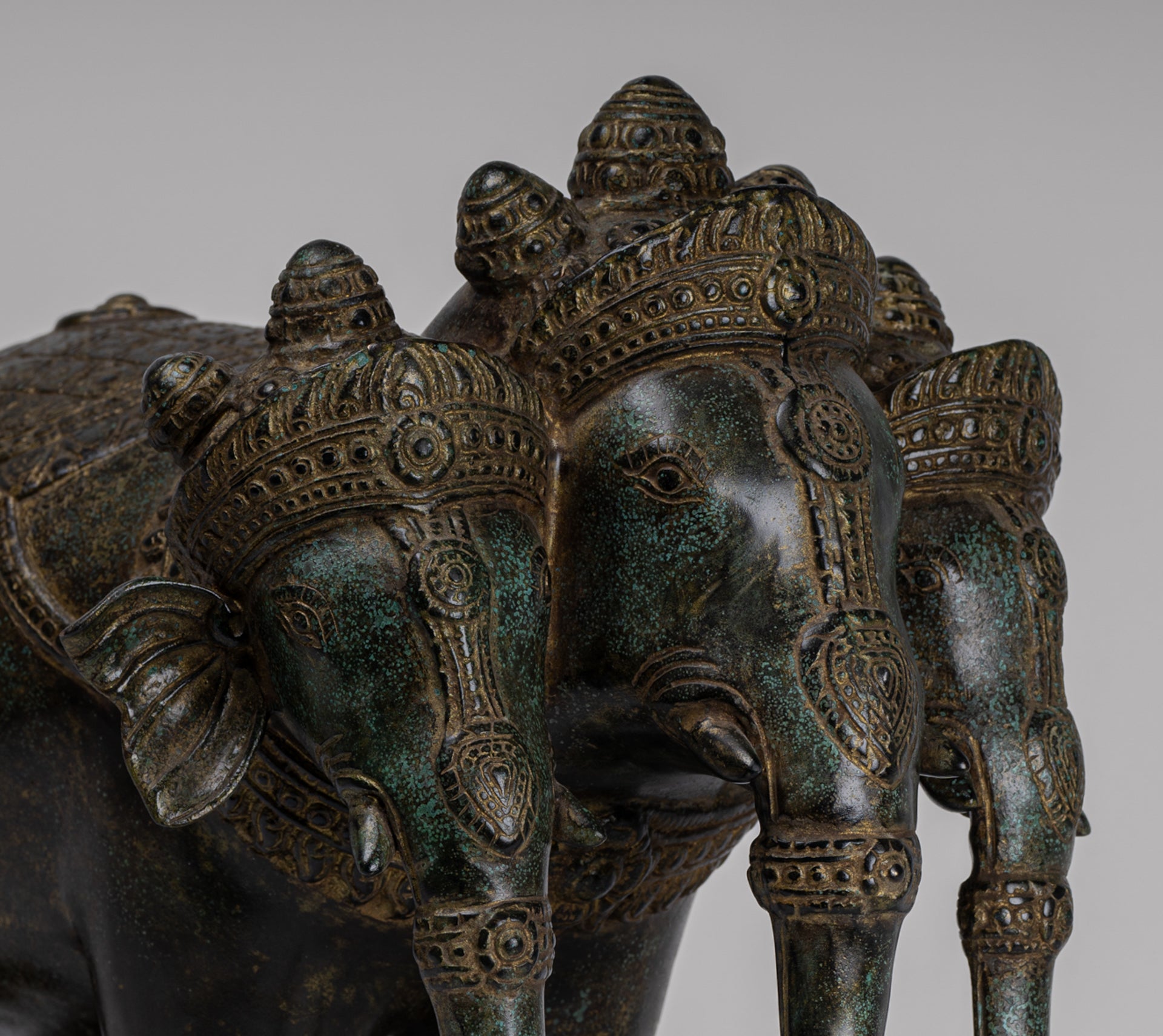Antique Khmer Style Bronze Erawan Airavata or Elephant Statue - 32cm/13" Tall