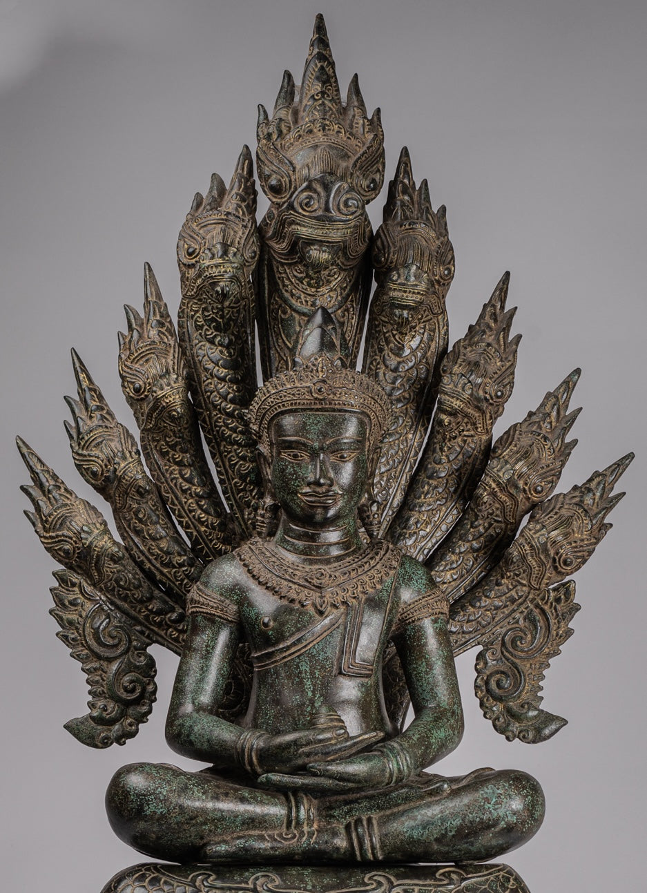 Estatua de Buda - Estilo de bayón antiguo Khmer Meditación Naga Naga Buddha - 114cm/46 "