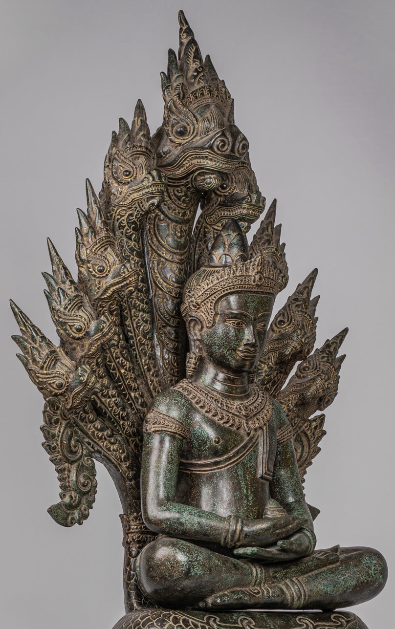 Estatua de Buda - Estilo de bayón antiguo Khmer Meditación Naga Naga Buddha - 114cm/46 "