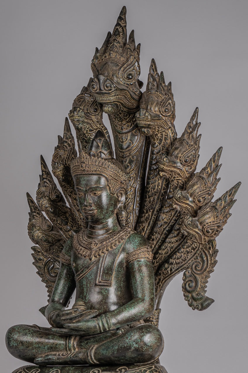 Estatua de Buda - Estilo de bayón antiguo Khmer Meditación Naga Naga Buddha - 114cm/46 "