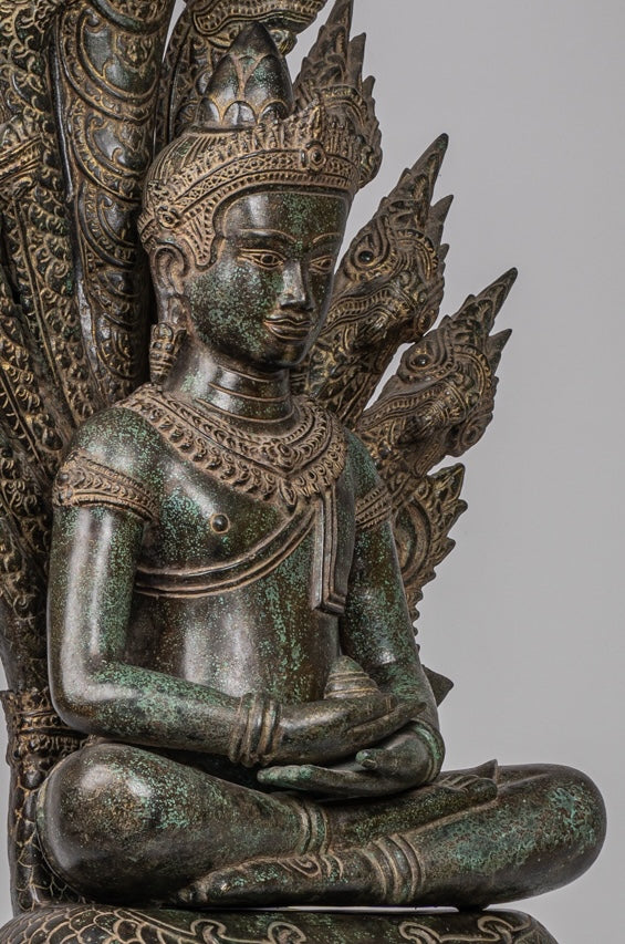 Estatua de Buda - Estilo de bayón antiguo Khmer Meditación Naga Naga Buddha - 114cm/46 "