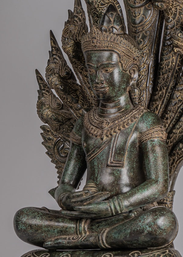 Estatua de Buda - Estilo de bayón antiguo Khmer Meditación Naga Naga Buddha - 114cm/46 "