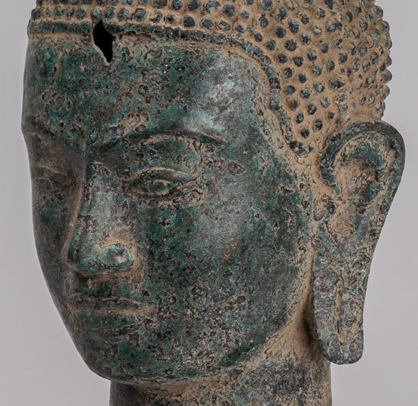 Estatua de Buda - Cabeza de Buda de Lotus de Lotus de Bronce de Estilo Jurón Antiguo - 36 cm/14 "