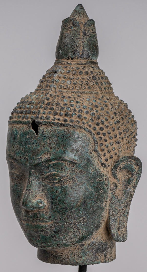 Estatua de Buda - Cabeza de Buda de Lotus de Lotus de Bronce de Estilo Jurón Antiguo - 36 cm/14 "