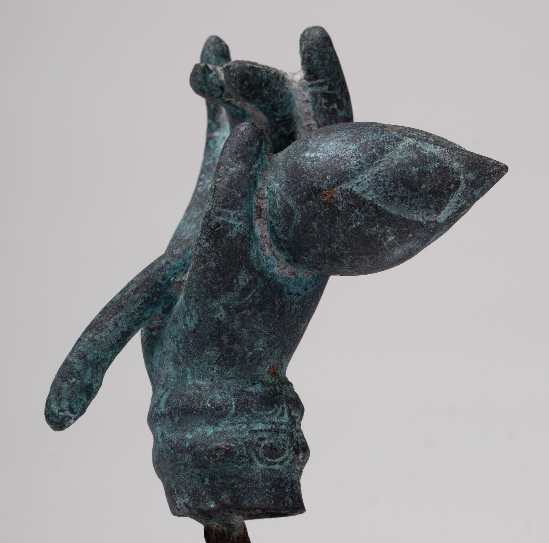 Mounted Antique Khmer Style Bronze Hand & Lotus Bud - 18cm/7"