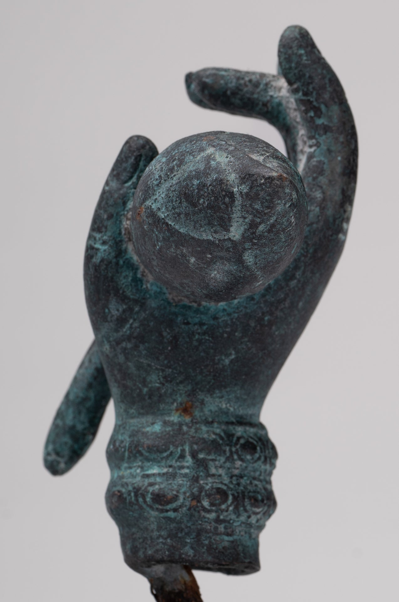 Mounted Antique Khmer Style Bronze Hand & Lotus Bud - 18cm/7"