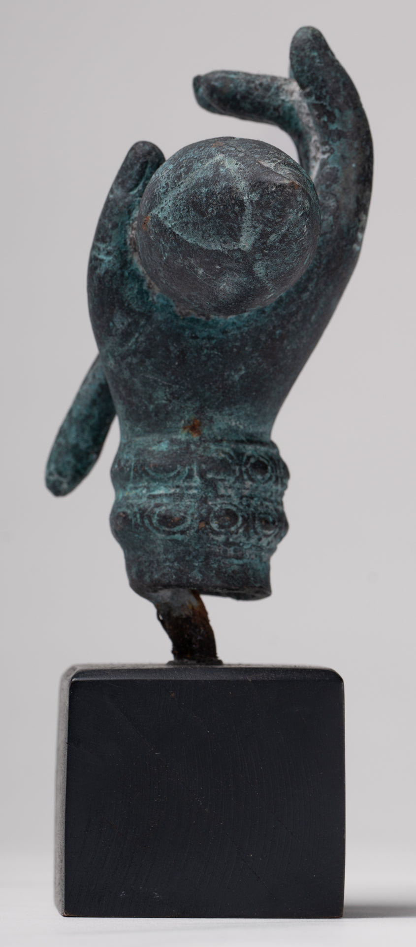 Mounted Antique Khmer Style Bronze Hand & Lotus Bud - 18cm/7"