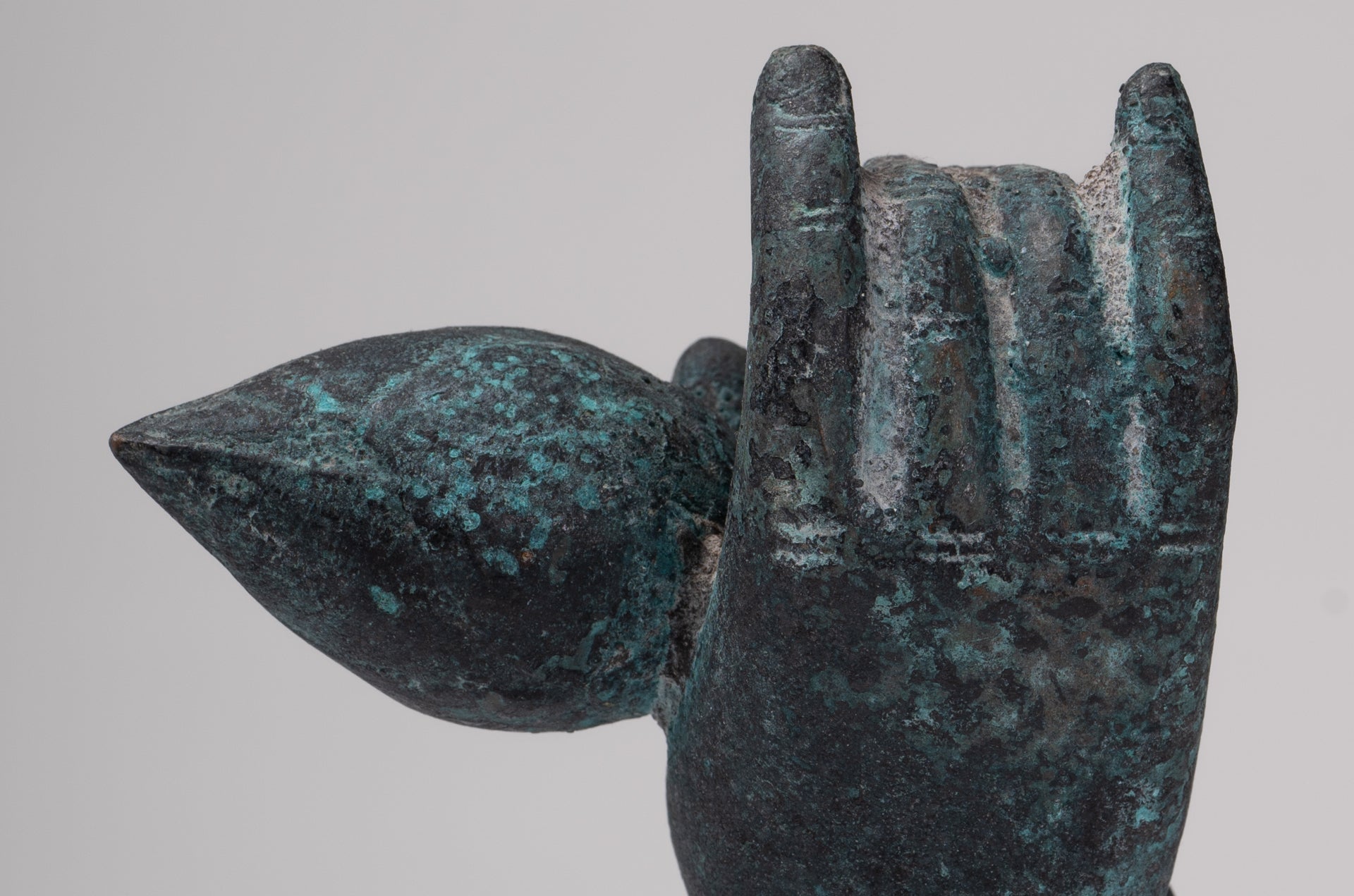 Mounted Antique Khmer Style Bronze Hand & Lotus Bud - 18cm/7"