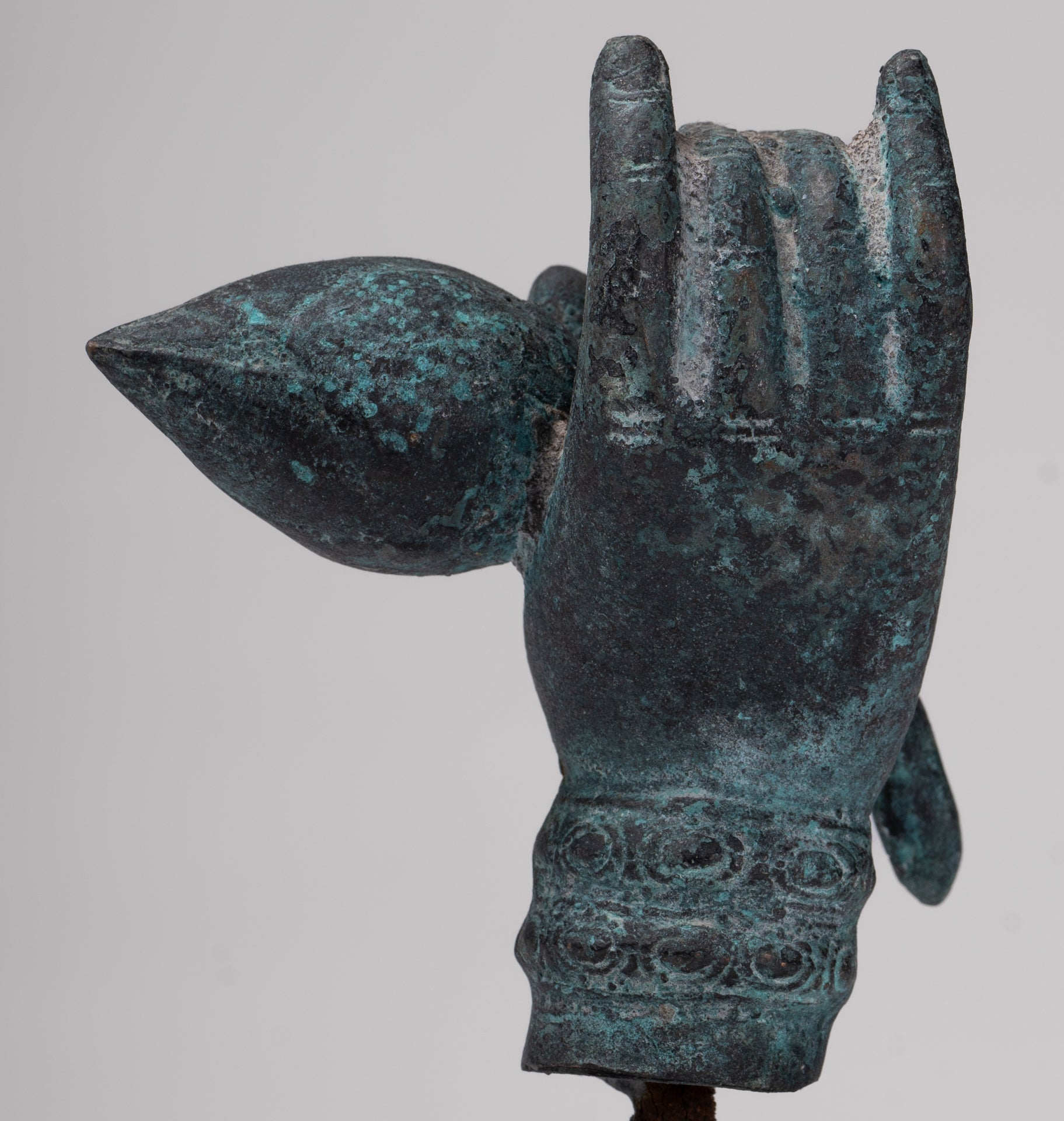 Mounted Antique Khmer Style Bronze Hand & Lotus Bud - 18cm/7"