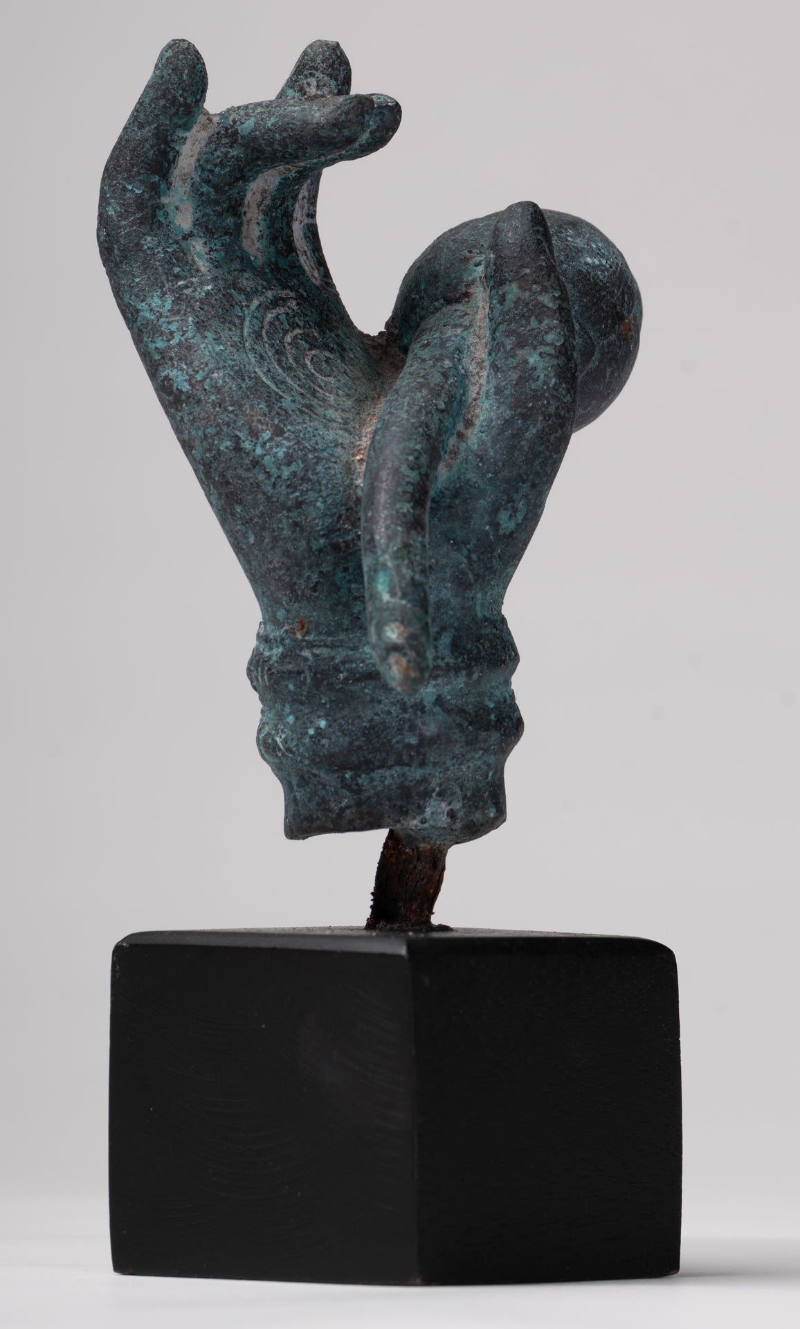 Mounted Antique Khmer Style Bronze Hand & Lotus Bud - 18cm/7"