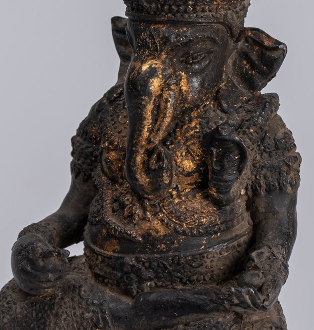 Ganesha Statue - Antique Thai Style Bronze Seated Rattanakosin Ganesha Statue - 19cm/8"