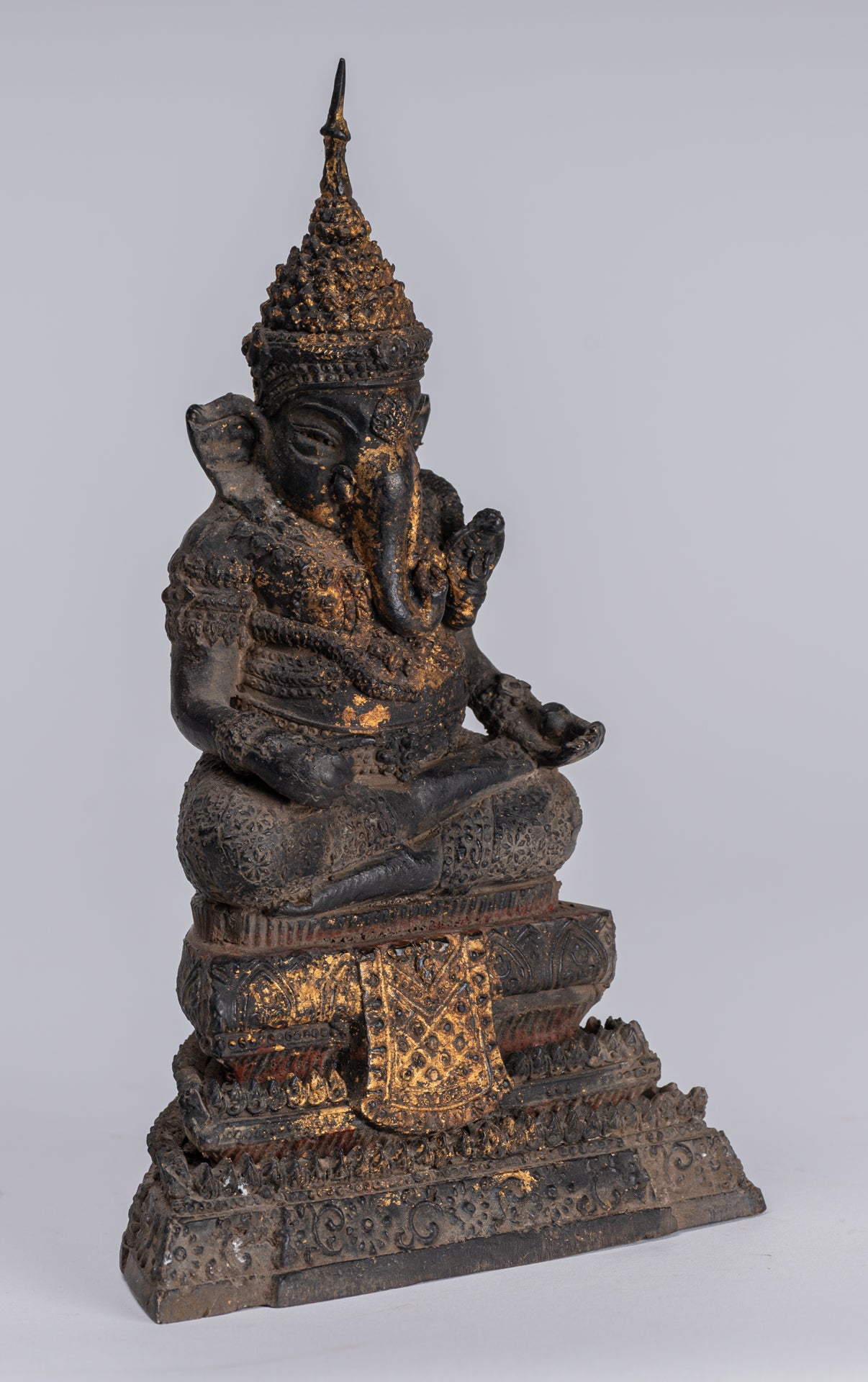 Ganesha Statue - Antique Thai Style Bronze Seated Rattanakosin Ganesha Statue - 19cm/8"