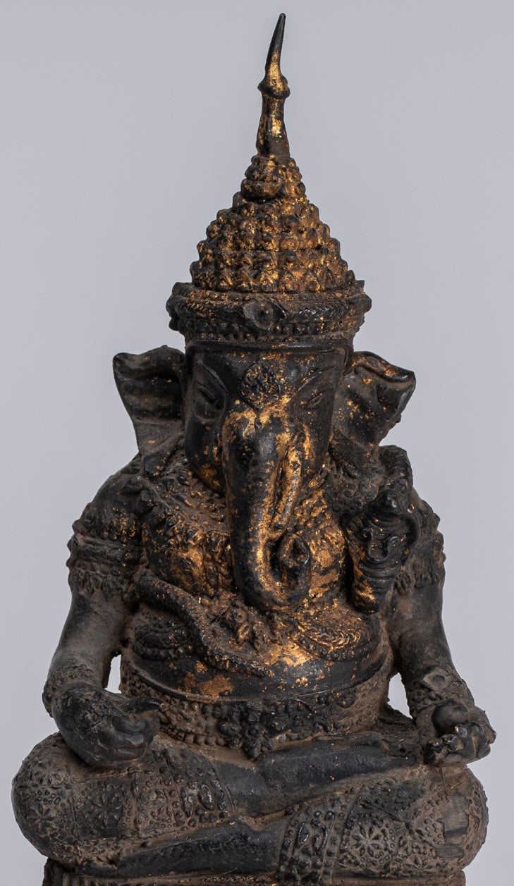 Ganesha Statue - Antique Thai Style Bronze Seated Rattanakosin Ganesha Statue - 19cm/8"