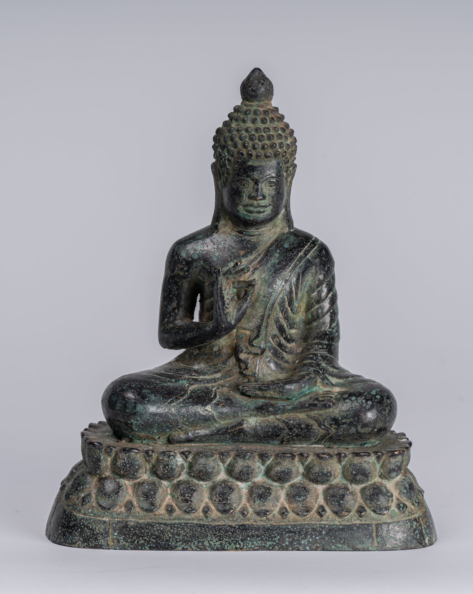 Buddha - Antique Khmer Style Bronze Enthroned Teaching Buddha Statue - 19cm/6"