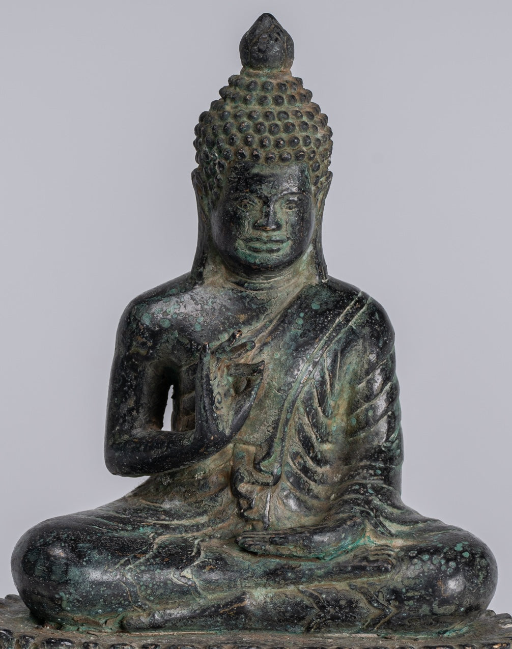 Buddha - Antique Khmer Style Bronze Enthroned Teaching Buddha Statue - 19cm/6"