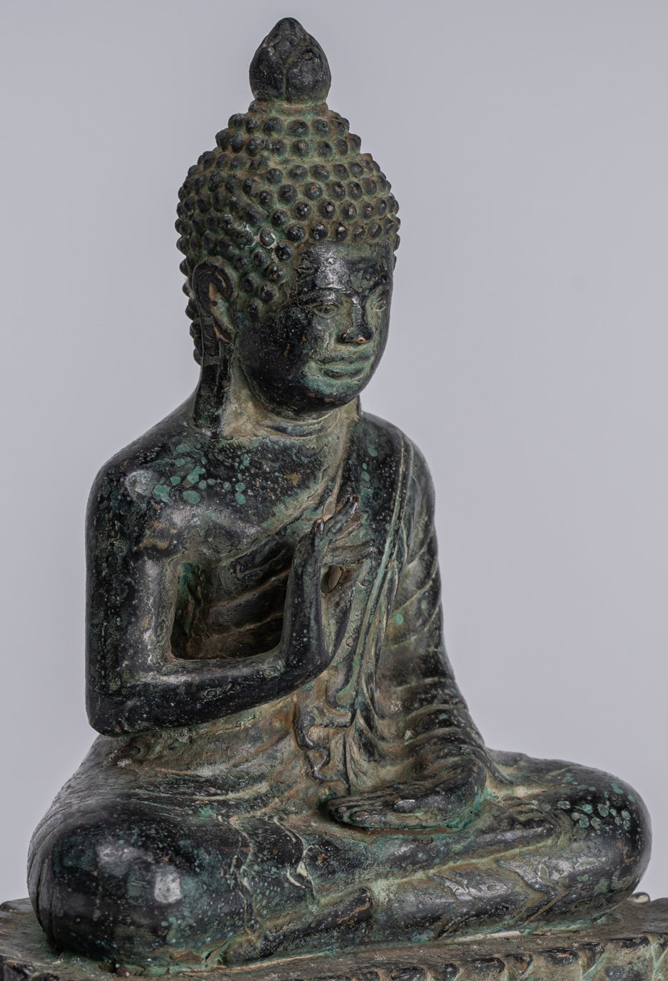Buddha - Antique Khmer Style Bronze Enthroned Teaching Buddha Statue - 19cm/6"