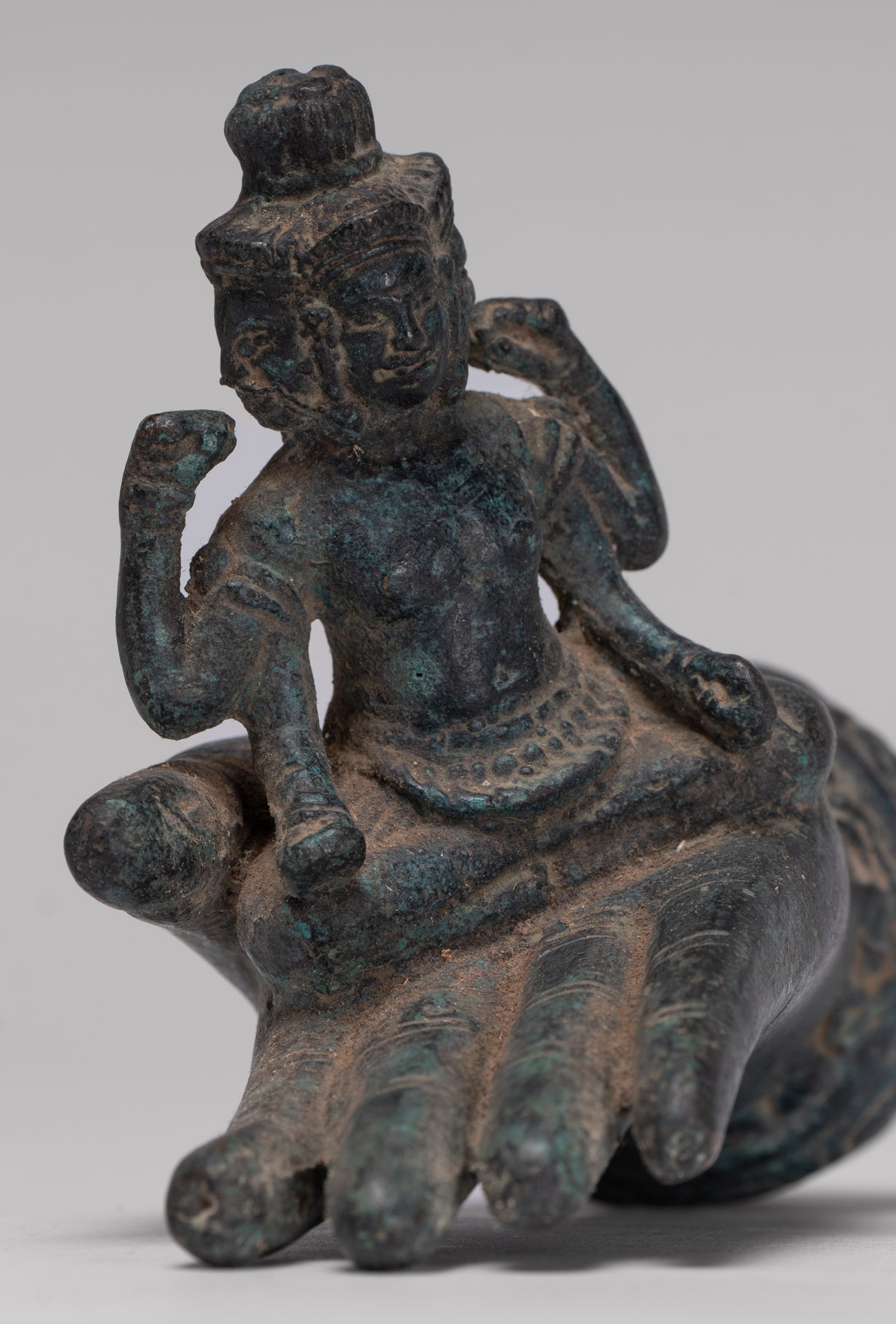 Freestanding Antique Khmer Style Bronze Koh Ker Hand & Brahma - 14cm/6"