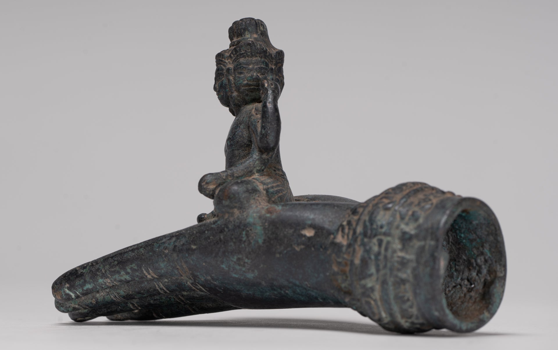 Freestanding Antique Khmer Style Bronze Koh Ker Hand & Brahma - 14cm/6"