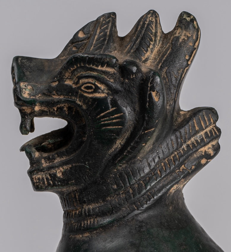 Antique Burmese Style Bronze Standing Chinthe Guardian Temple Lions - 24cm/10" (Pair)