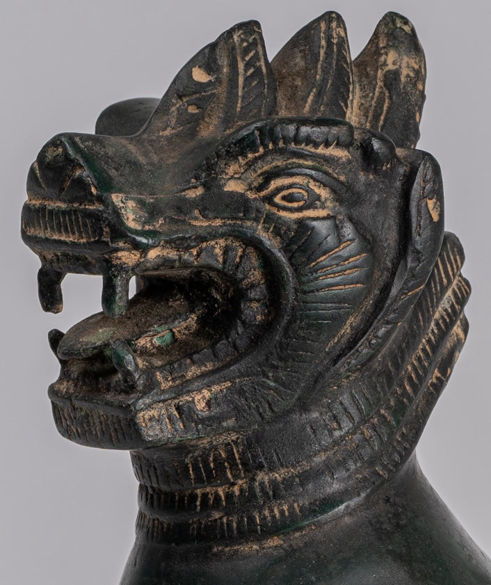 Antique Burmese Style Bronze Standing Chinthe Guardian Temple Lions - 24cm/10" (Pair)