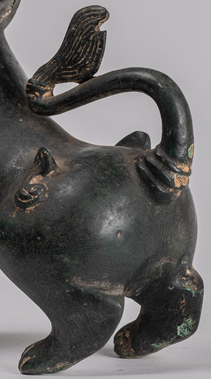 Antique Burmese Style Bronze Standing Chinthe Guardian Temple Lions - 24cm/10" (Pair)