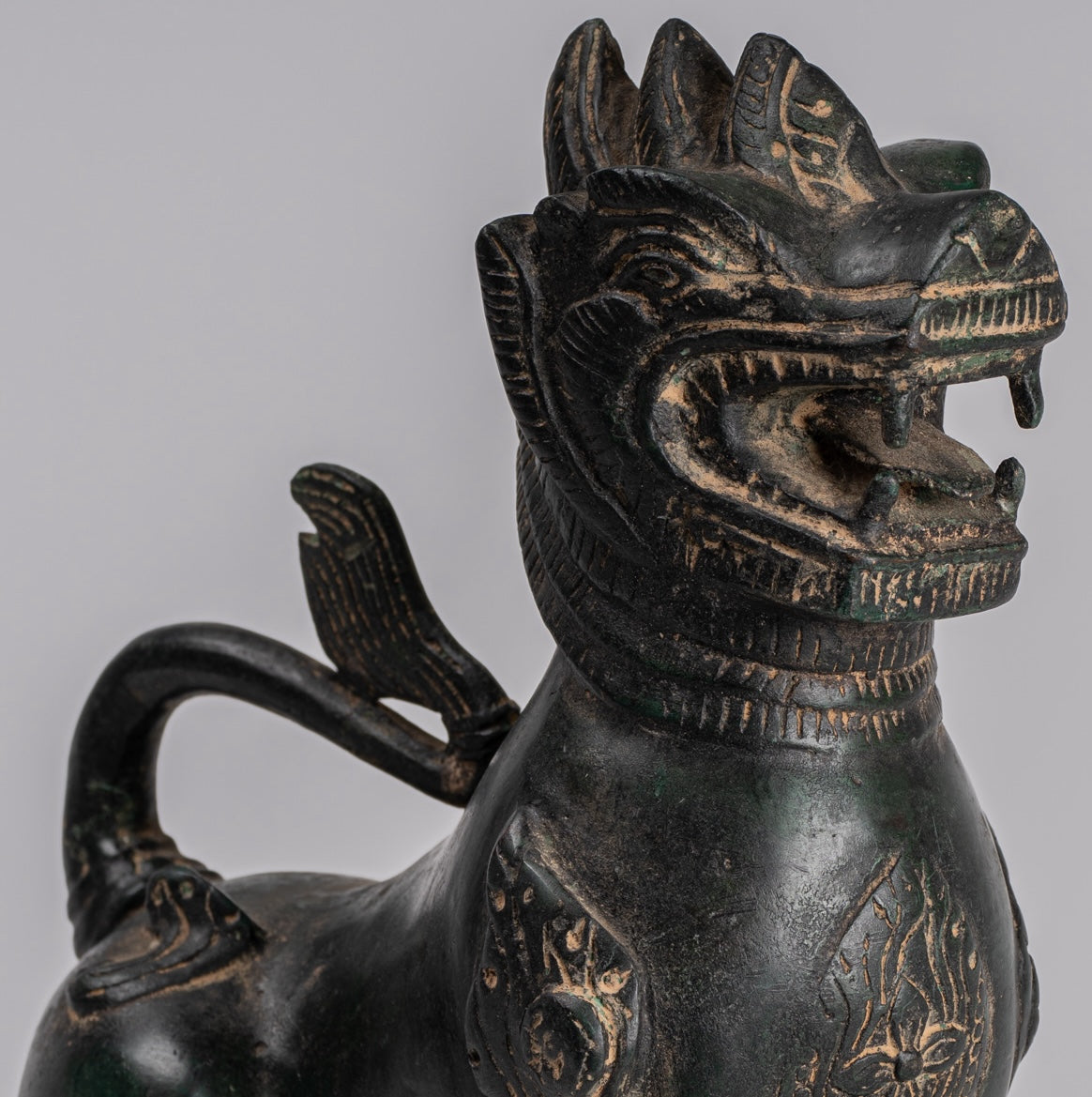 Antique Burmese Style Bronze Standing Chinthe Guardian Temple Lions - 24cm/10" (Pair)