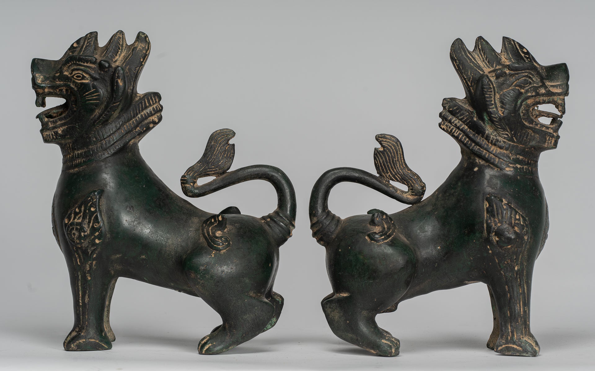 Antique Burmese Style Bronze Standing Chinthe Guardian Temple Lions - 24cm/10" (Pair)