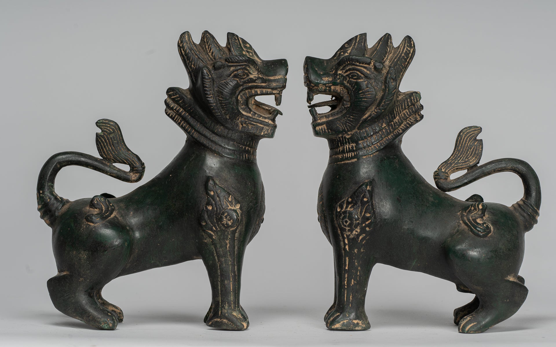 Antique Burmese Style Bronze Standing Chinthe Guardian Temple Lions - 24cm/10" (Pair)