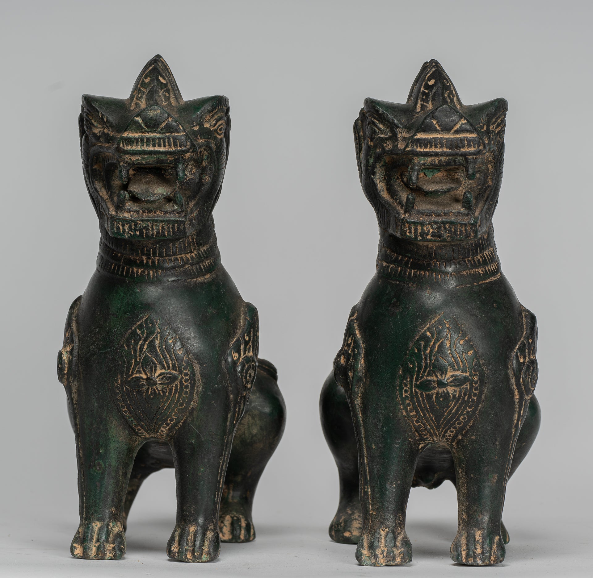 Antique Burmese Style Bronze Standing Chinthe Guardian Temple Lions - 24cm/10" (Pair)