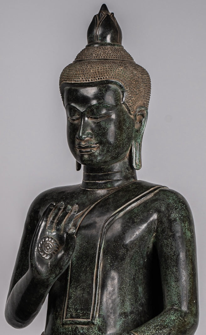Buddha - Antique Khmer Style Bronze Enthroned Teaching Buddha Statue - 95cm/38"