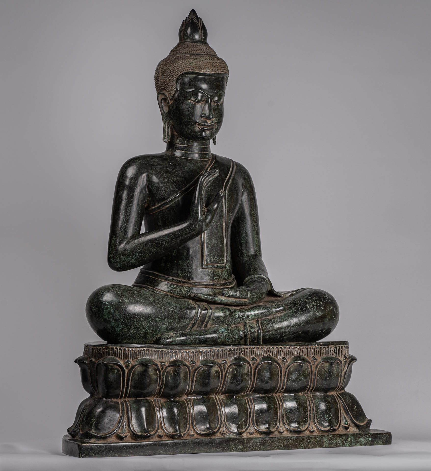 Buddha - Antique Khmer Style Bronze Enthroned Teaching Buddha Statue - 95cm/38"