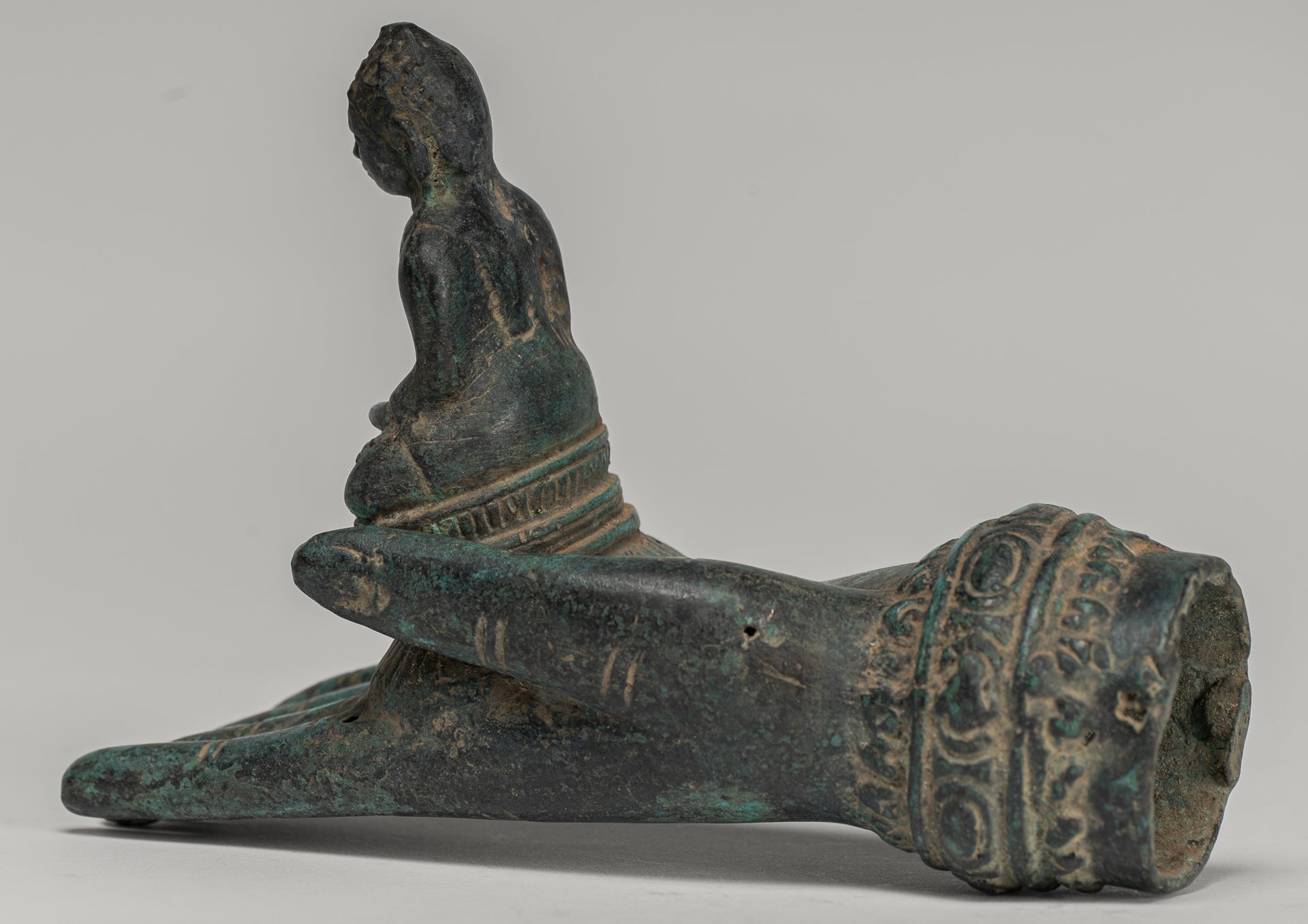 Freestanding Antique Khmer Style Bronze Hand & Buddha - 12cm/5"