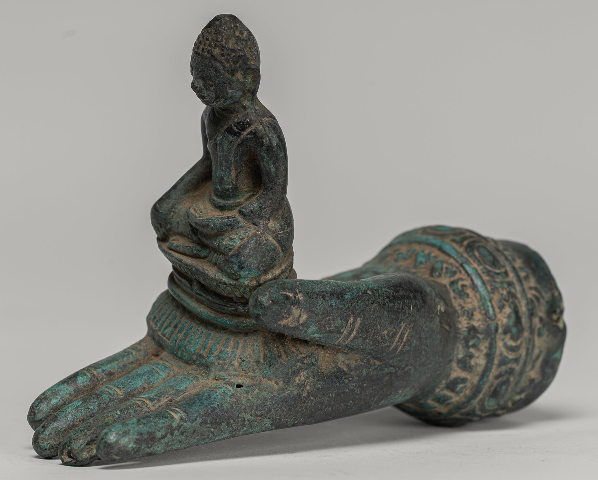 Freestanding Antique Khmer Style Bronze Hand & Buddha - 12cm/5"